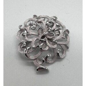 Crown Trifari Flower‎ Brooch Silver Tone Polish Texture Swirl Petals Vintage